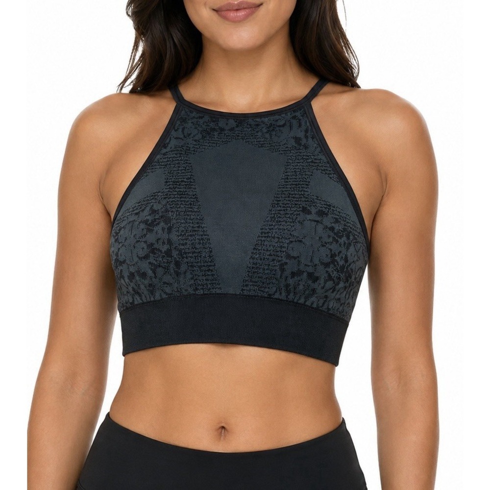 NUX Gia Crop High Neck Sports Bra Medium Charcoal Jacquard Open Back NEW Womens